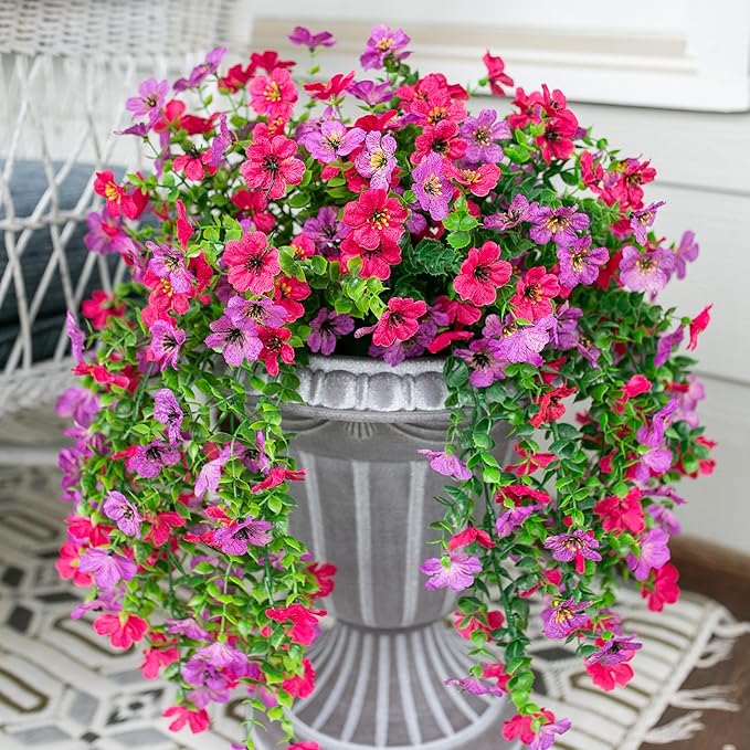 Artificial Faux Hanging Flowers Plants for Outdoor Decor, 2 PCS Outside Fake Silk Violets with Eucalyptus UV Resistant Realistic Daisy Trailing Vines for Planter Balcony Porch Patio Yard, Purplepink