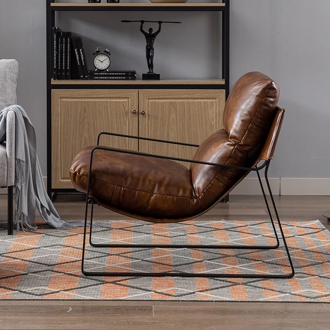 DUOMAY Mid-Century Accent Chair Armchair, Comfy PU Leather Leisure Chair Lazy Chair with Metal Leg for Living Room Bedroom Office Apartment, Brown