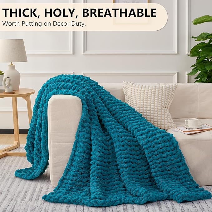 L'AGRATY Chunky Knit Blanket Throw: 60''x80'' Chenille Chunky Knitted Throw Blanket for Bed Couch - Handmade Thick Big Cable Knit Blanket - Large Crochet Rope Blanket for Home Decor(Teal)