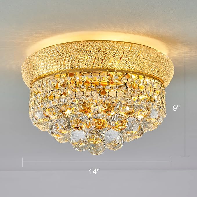 5-Light Crystal Flush Mount Chandelier Ceiling Light Fixture for Living Room Dining Room Bedroom Foyer Entryway Hallway Closet Bathroom (Gold D14)
