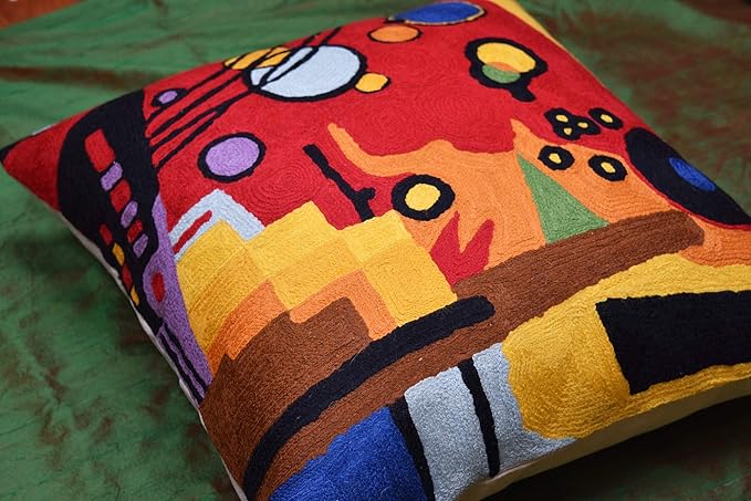 Kandinsky Contemporary Throw Pillow Cover - Heavy Red Space Modern Cushion | Abstract Throw Pillows | Contemporary Pillow | Abstract Chair Cushions | Hand Embroidered Cushion | Wool Size 18x18