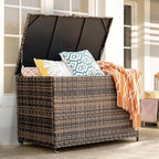 178 Gallon Outdoor Storage Box, Handle Large Portable Wicker Rattan Deck Box for Patio Furniture Cushions, Patio Deck Box with 2 WheelsThrow Pillows, Garden Tools and Pool Floats (Brown)