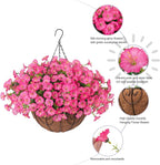 Artificial Faux Hanging Plants Flowers Basket for Outdoors Outside Spring Summer Decoration, Silk Pink Morning Glory in Planter UV Resistant Look Real Fake Flowers for Porch Patio Balcony Home Yard