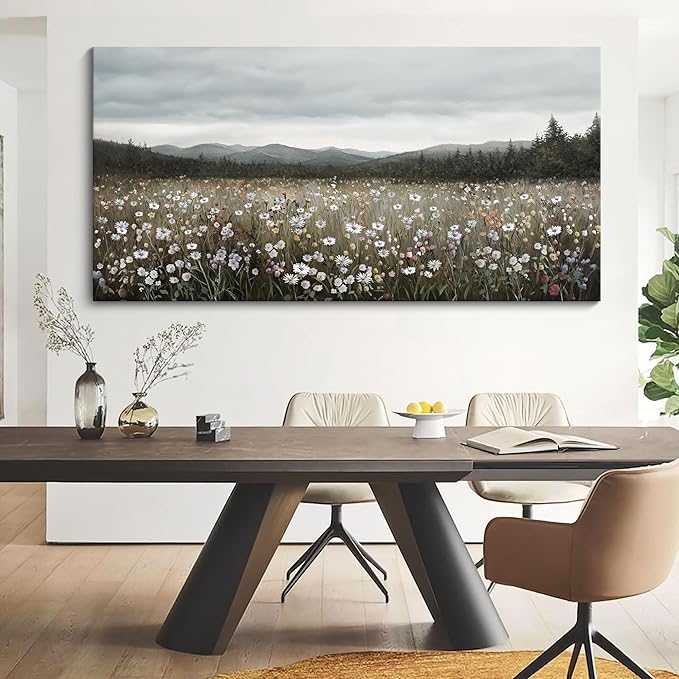 HGUAOA Vintage Landscape Wall Art for Bedroom and Living Room - Large Floral Artworks Farmhouse Wall Decor - Framed Neutral Nature Pictures - Above Bed Wall Decor with Mountain Scenery 29×58IN