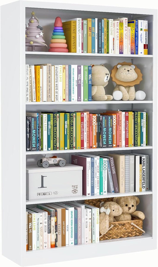 White Bookshelf, 55” Adjustable Tall Metal Bookshelf, 5-Tier Wide Bookshelf with Anti-Tilt Device, Modern Book Cases and Book Shelves for Bedroom, Living Room, Playroom, Study