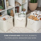OrganiHaus 11x11 Cube Storage Bins 4 Pack, Foldable Cube Storage Organizer w/ Rope Handles, Collapsible Fabric Bins for Toys, Clothes & Closet Organization, Fabric Square Baskets - Off-White