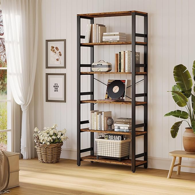 IRONCK Bookshelf, 31.5in Wide Shelf 6 Tier Bookcase, 110lbs/shelf Vintage Industrial Style Bookshelves for Bedroom, Living Room and Home Office, Vintage Brown