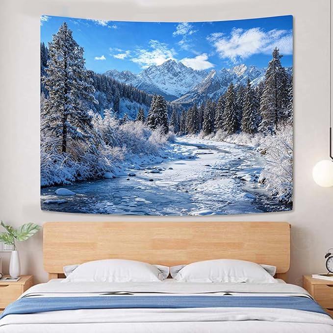 AMM Winter Forest Snow Mountain Tapestry Snowy Pine Tree Woodland Tapestry for Bedroom Aesthetic White Clouds Flowing River Landscape Tapestries Wall Hanging for Living Room Dorm Office 60 x 44 Inch