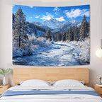 AMM Winter Forest Snow Mountain Tapestry Snowy Pine Tree Woodland Tapestry for Bedroom Aesthetic White Clouds Flowing River Landscape Tapestries Wall Hanging for Living Room Dorm Office 60 x 44 Inch