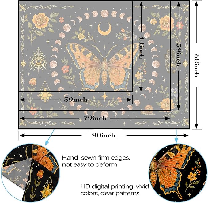 Lunerfex Moon Phase Butterfly Floral Wall Tapestry, Celestial Botanical Tapestries for Room Decor, Mystical Tapestry 90x70 Inch