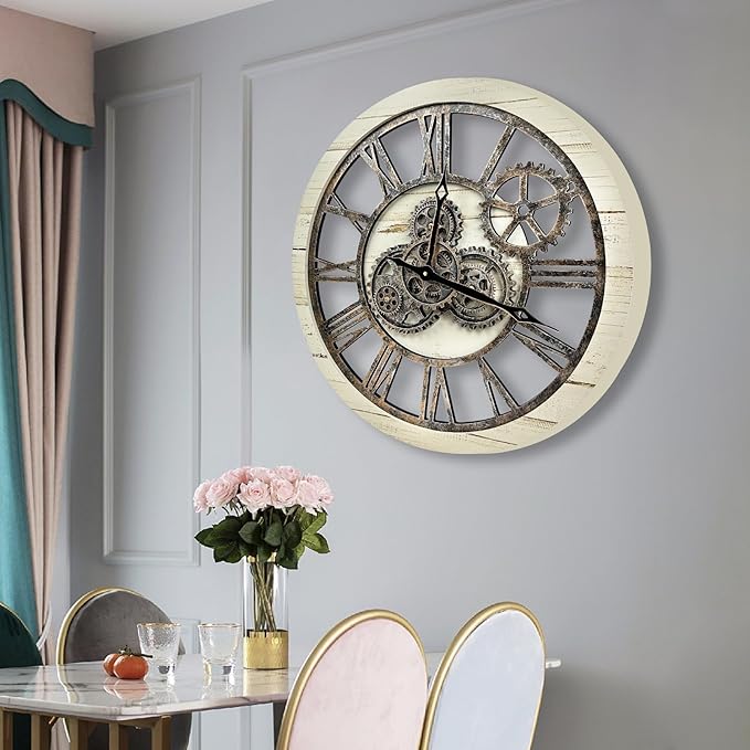 The B-Style Large Wall Clock 24 inch Moving Gear Wall Clock Oversized Vintage Farmhouse Wall Clocks for Living Room Decor Rustic Industrial Wood Clock (Desert Beige, 24 inch/60cm)