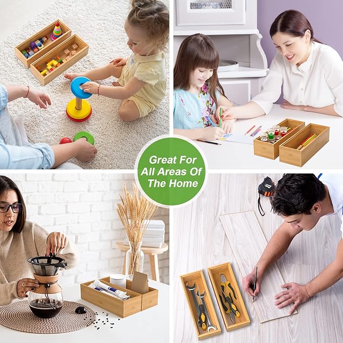 Bamboo Drawer Organizer – Set of 2 Stackable Storage Boxes, Silverware Tray & Small Gadget Holder for Kitchen Drawers, 9" x 3" x 2" (Outer), 8.3" x 2.3" x 1.77" (Inner)
