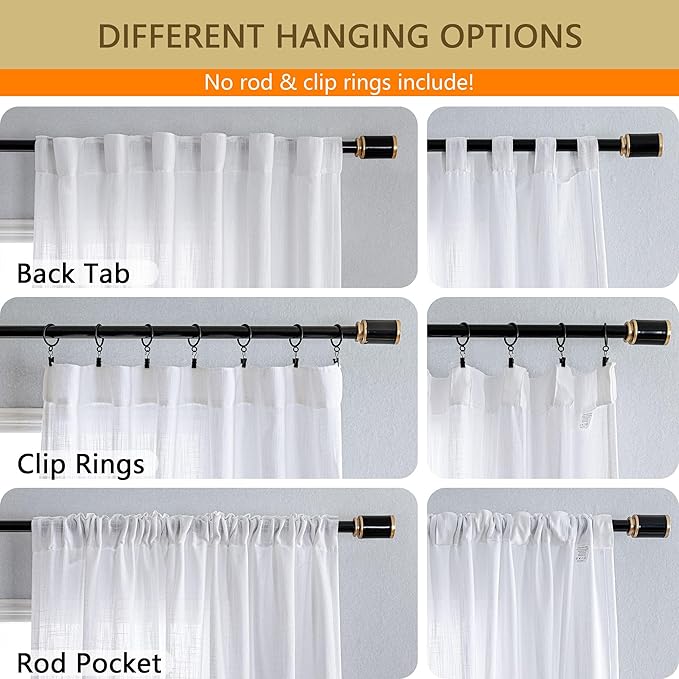 MYSKY HOME White Curtains for Living Room, Semi Sheer Curtains & Drapes Light Filtering Farmhouse Country Boho Style Back Tab Draperies for Sliding Glass Door (Customsize, Pure White)