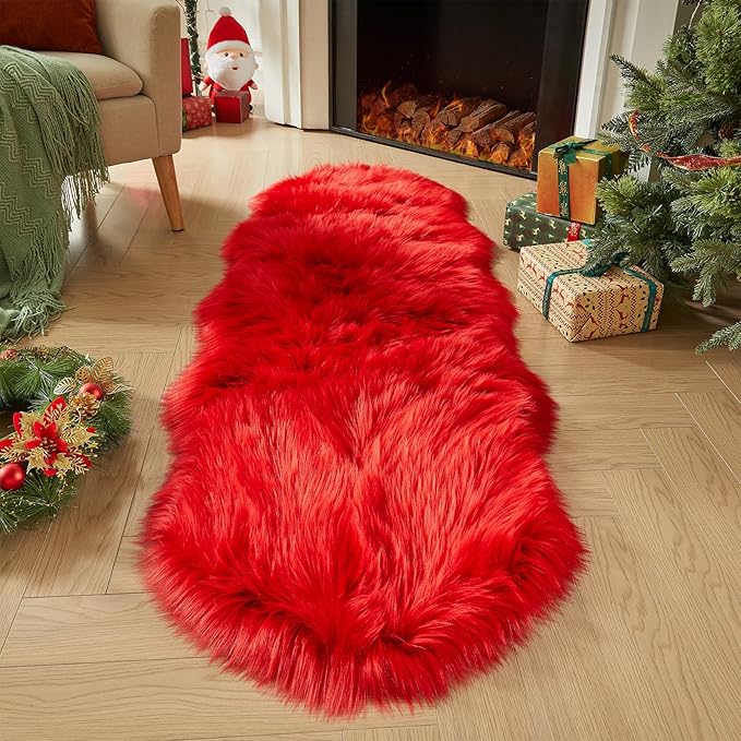 AMTOVO Faux Sheepskin Rug, Red Ultra Soft Fluffy Shag Area Rug, 2 x 6 ft Faux Fur Rug for Bedroom Sofa Throw Cushion Room Decor, Sheepskin