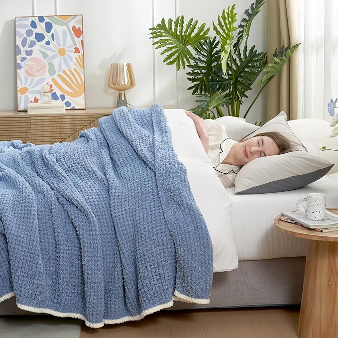 Snuggle Sac Blue Waffle Bedding Blankets Queen Size 90x90 inches, Reversible Microfiber Fluffy Fuzzy Soft Throw Cozy Knit Blanket for Women Mothers Birthday Gifts