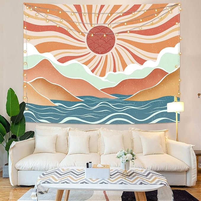 Lunerfex Boho Sun Tapestry Sunset Wall Tapestry, Mountain Tapestries for Bedroom 80s Tapestries Wall Hanging for Bedroom Living Room Decor Boho-2 70"x90"