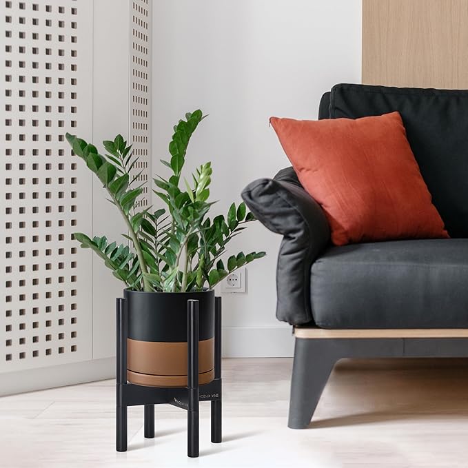 D'vine Dev Ceramic Planter with Ebony Stand - 8 Inch Modern Round Flower Pot with Wood Planter Holder, Black/Speckled Tan, 55-B-M-7