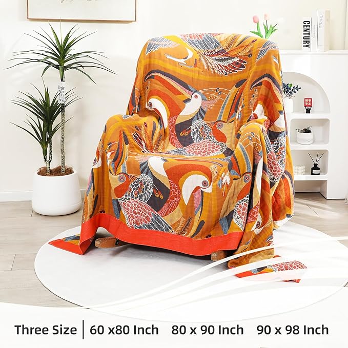 Boho Large Throw Blanket, 100% Organic Muslin Cotton Breathable Soft Bed Throw - Floral Bird Farmhouse Decor Blanket for Sofa Couch Chair Quilt and Gift. 80" x 90"- Colorful