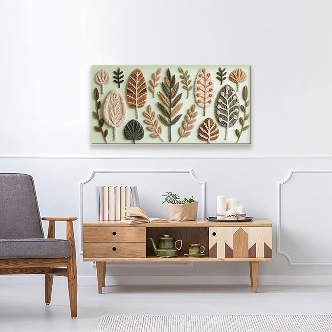 Boho Wall Art Chic Home Wall Art Modern Bohemian Feather Green Canvas Wall Art Decor For Apartment Dorm Living Room Bedroom Nursery Backdrop 20"W X 40"L Ready To Hanging