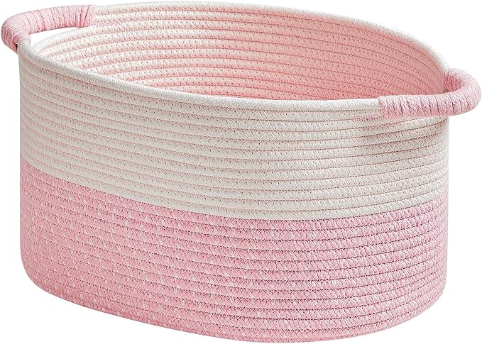 Storage Baskets for Organizing | 15"x10.2"x9.1" - 1 Pack Nursery Bin with Handles - Woven Cotton Rope Baskets for Dog Toys, Books, Shelf, Bathroom,Closet -Pink Basket for Girls