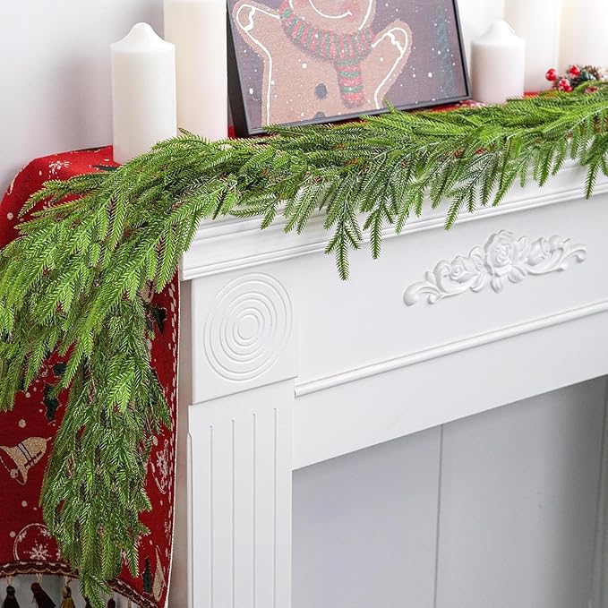 Watayo 4 Pcs Christmas Norfolk Pine Garland, 6 Ft Dense Real Touch Pine Garland Ornament, Realistic Artificial Pines Greenery Garlands for Mantle, Table, Fireplace, Indoor, Outdoor Xmas Decoration