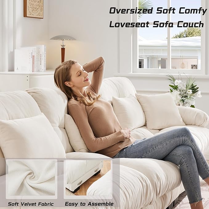 Loveseat Modular Sectional Sofa, U Shaped Couch with Ottoman, Cloud Couch Sectional Couch Home Sofa Living Room Oversized Couch Deep Seat Couch with Round Bolster Armrests 4 Pillows(White)