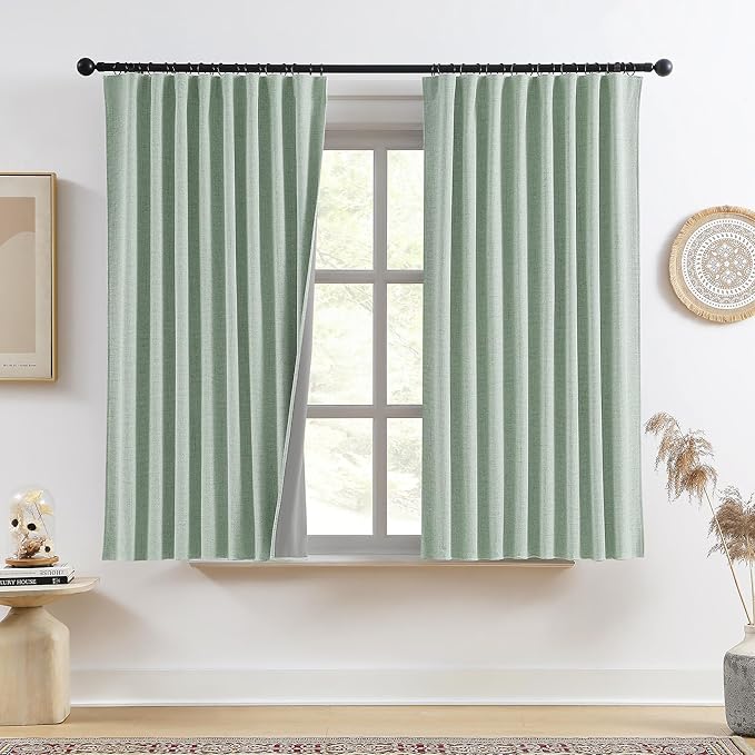 RAIN CITY Light Green Linen Blackout Curtains 63 Inch Long for Living Room,2 Panels Pinch Pleated Drape with Hooks Back Tab Boho Decor, Textured Full Black Out Curtains for Bedroom 50 x 63