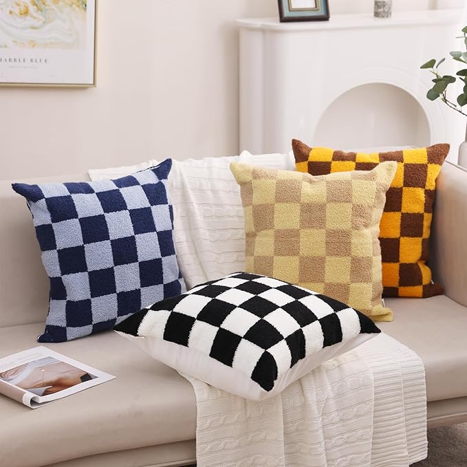 Alysheer Checkered Embroidered Decorative Throw Pillow Covers 18"x 18" Set of 2, Classic Chic Navy Blue Plaid Tufted Patterned Cotton Canvas Cushion Case for Sofa Couch Bed Living Room