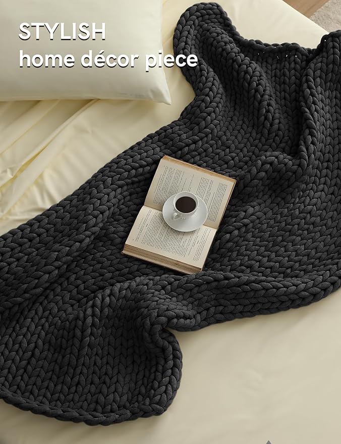 YnM Chunky Throw Blanket, Medium-Weight, Hand Knitted, Skin Friendly, Ventilated and Breathable, Machine Washable, Home Décor Piece for Couch, Sofa and Bed (Charcoal Grey, 40x50 Inch)