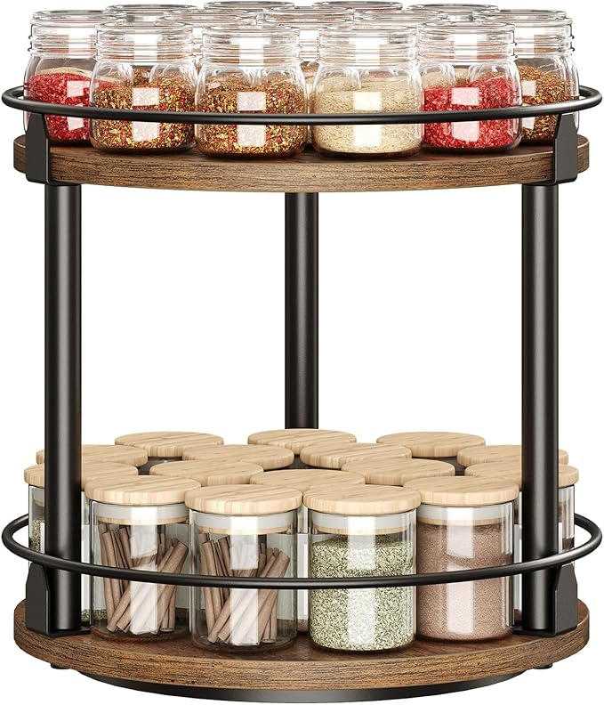 Lazy Susan Organizer, Rotating Spice Rack, 2 Tier Spice Turntable Organizer, Industrial Turntable Spice Holder, for Kitchen Countertop and Cabinet, Compact and Versatile, Rustic Brown SR22BR
