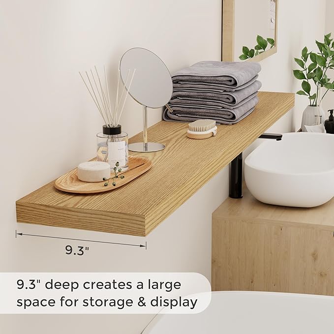 Floating Shelves 48 Inch Long, 48"W x 9"D Wall Shelf Invisible Bracket, 9 Inch Deep Floating Shelf for Wall, Rustic Wooden Shelves for Living Room, Kitchem, Bedroom, Oak Color, Set of 1