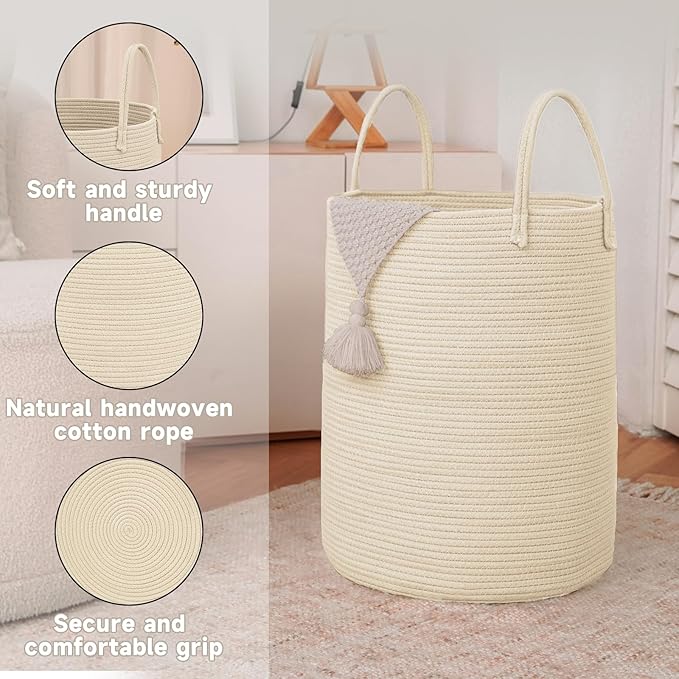 Large Woven Laundry Basket Hamper,100L Cotton Rope Storage Bin for Blankets,Toys and Clothes,Decorative Tall Nursery Hamper for Living Room,Baby Nursery,Bathroom and Bedroom,Beige