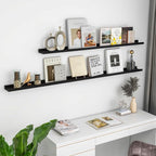 Solid Ash Wood Floating Shelves, Wood Picture Ledge Shelf Set of 2, 48 Inch Long Large Photo Ledge Shelves, Nursery Book Shelves Wall Mounted for Living Room Kids' Bedroom Decor, Black