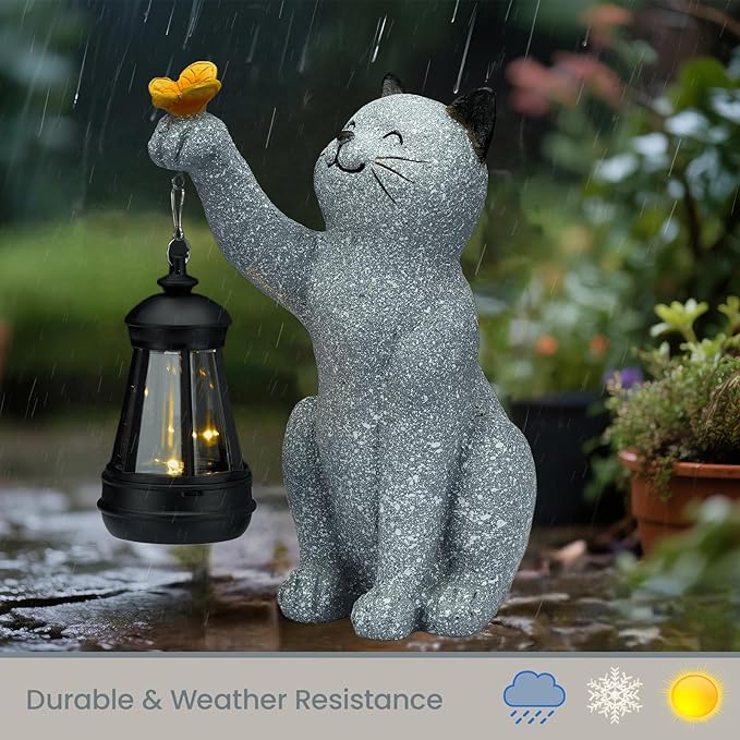 Solar Cat Garden Statue Outdoor Decor, Cat Sculpture with Lantern and Butterfly for Yard Lawn Patio Balcony, Birthday Housewarming Gifts for Mom, Grandma, Women, 9.4 inch, Resin