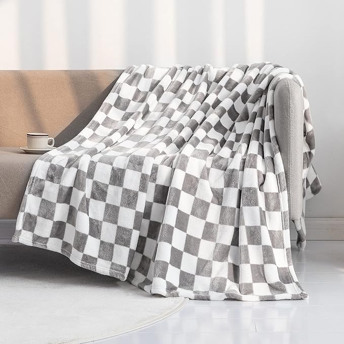 LOMAO Throw Blankets Flannel Blanket with Checkerboard Grid Pattern Soft Throw Blanket for Couch, Bed, Sofa Luxurious Warm and Cozy for All Seasons (Grey, 50"x60")