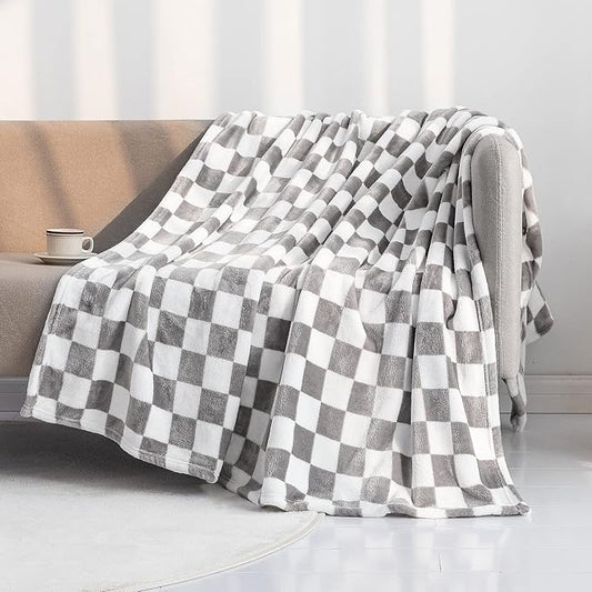 LOMAO Throw Blankets Flannel Blanket with Checkerboard Grid Pattern Soft Throw Blanket for Couch, Bed, Sofa Luxurious Warm and Cozy for All Seasons (Grey, 50"x60")