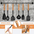 Silicone Cooking Utensils Set, 6 Pack Large Kitchen Utensils Set with Wooden Handle, Heat Resistant Silicone Utensil Spatula Set for Nonstick Cookware, Spatula, Turner, Spoon, Ladle BPA Free (Black)