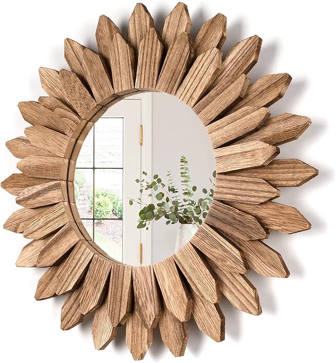 Honiway Wall Mirror Decorative 12 inch Rustic Wood Mirror Sunburst Boho Mirror for Entryway Bedroom Living Room Bathroom House Warming Gifts New Home Essential Carbonized Black