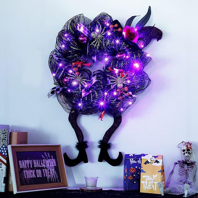 Lulu Home Halloween Front Door Wreath, Purple LED Lighted Witch Hat Wreath, Battery Operated, NOT PRELIT