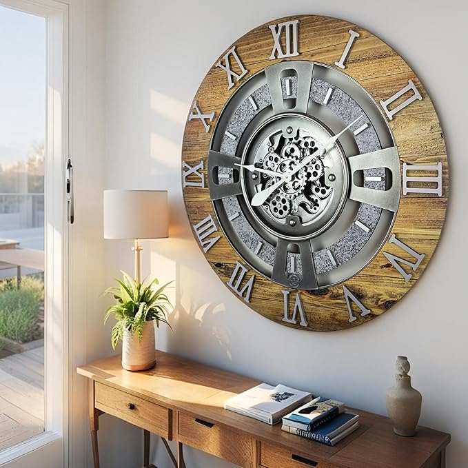 The Gears Clock Real Moving Gear Wall Clock England Line (Wood & Stone, 24 inches (60 cm))