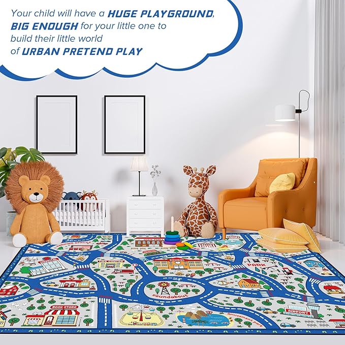 Kids Carpet Playmat Rug Player Car Rug,City Life Traffic Road Map Mat Educational Game Area Rug for Toddler Children Playroom Classroom Bedroom (Blue,6 x 9 ft)