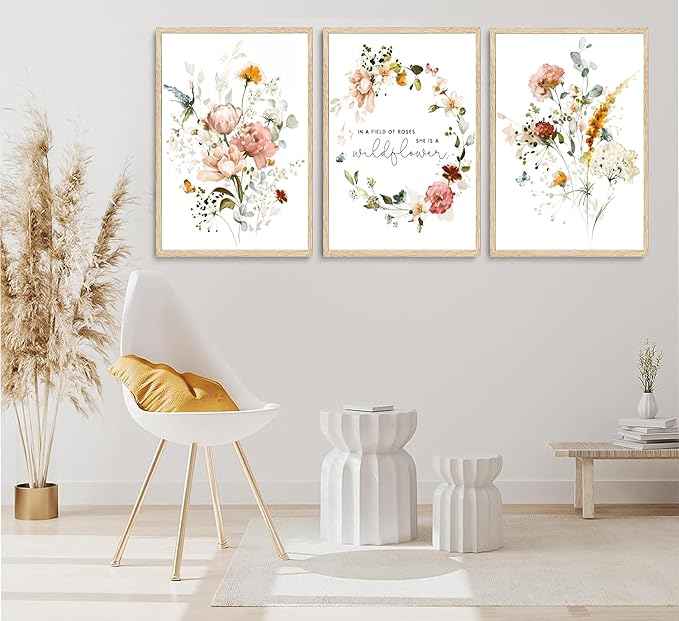 3Pcs Pink Flowers Canvas Wall Art In A Field Of Roses She Is A Wildflower Painting Picture Decor Watercolor Wreath Poster Print Artwork for Nursery living room Girls Room Home Decoration Unframed