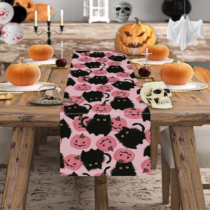Halloween Table Runner Black Cat Pink Pumpkins Seasonal Kitchen Dining Table Home Outdoor Party Decorations 13x108 Inch