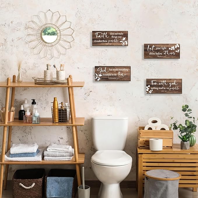 FENCORDAR 4 Pieces Brown Wall Decor Bible Verses Bathroom Decor Wooden Farmhouse Office Christian Wall Art Religious Art for Women Office Home Bedroom Living Room Decor(Brown 10x4)