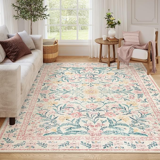 Wonnitar 8 x 10 Area Rugs for Living Room, Boho Large Washable Bedroom Rug 8x10, Soft Pink Floral Carpet Non Slip, Low Pile Indoor Carpet for Girls Room Playroom Nursery