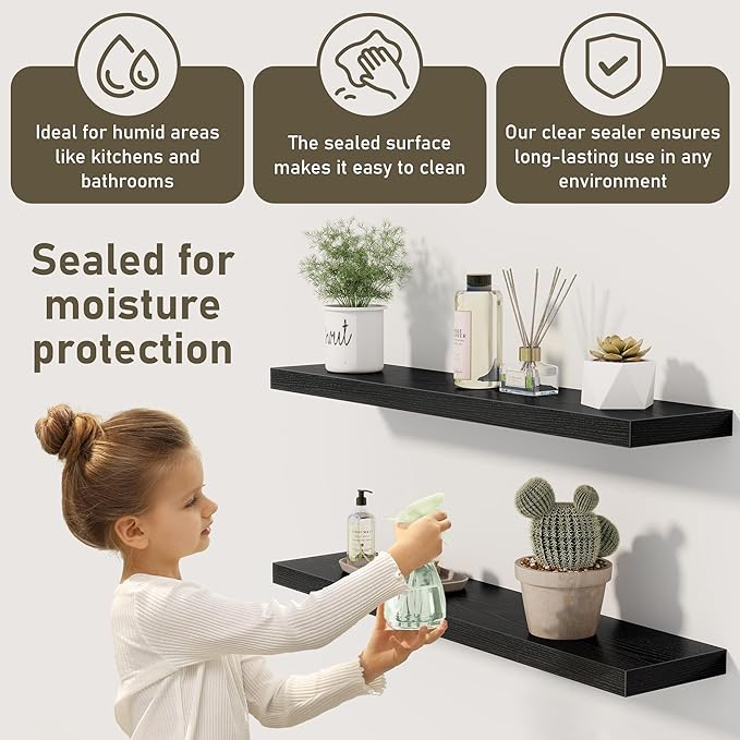 Fun Memories Black Floating Shelves Wall Shelf 24 Inch Long, Rustic Bathroom Shelves, Wall Mounted Wood Floating Shelf for Kitchen, Living Room, Bedroom, 24 x 6.7 x 1.4 inch Set of 3