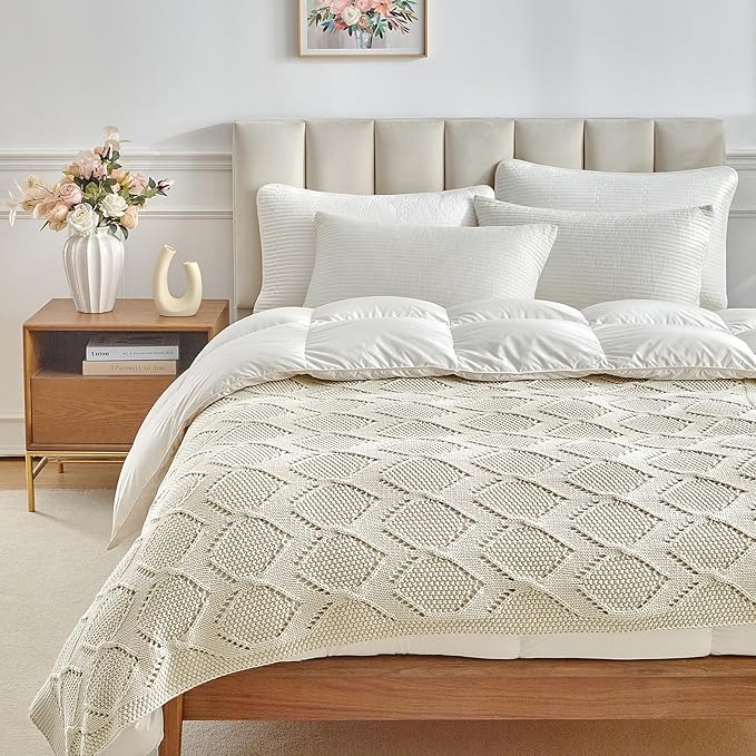 Longhui bedding Chunky Cotton Knit Throw Blanket for Couch, Sofa, Bed, or Chair, Decorative Breathable Fall Cable Knit Blanket 60 x 80 Inches, Large Medium Weight Beige