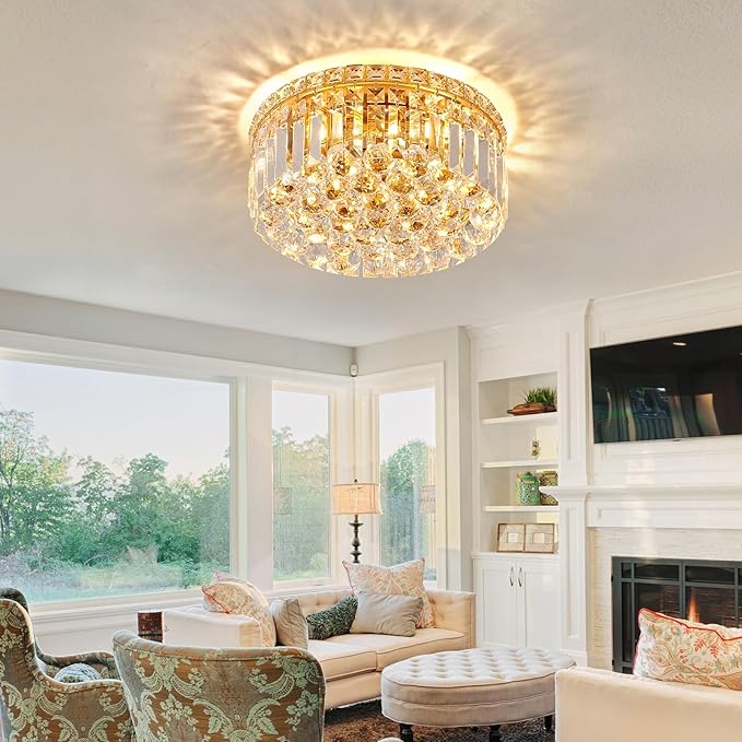 4-Light Gold Crystal Chandeliers Flush Mount Chandelier Light Fixture with K9 Crystals Modern Ceiling Lights Elegant Round Lamp for Bedroom,Hallway,Bar,Living Room,Dining Room,H5.9 xW13.7