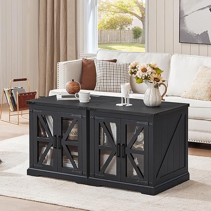 24" End Table Set of 2 with Charging Station, Farmhouse Night Stand with Glass Barn Door, Nightstands with Adjustable Storage Shelf, Large Wood Square Bed Side Table for Living Room,Bedroom