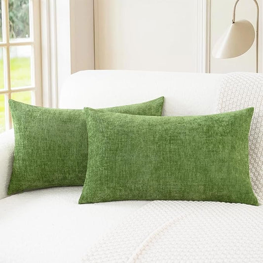 CaliTime Throw Pillow Covers Decorative 12 X 20 Inches Pack of 2 Cozy Chenille Cushion Cases for Couch Sofa Bed Living Room Home Forest Green